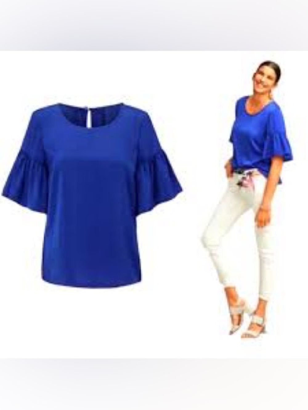 CAbi Style #5526 Rhyme Blue Flutter Short Sleeve Satin Blouse Womens Size Large